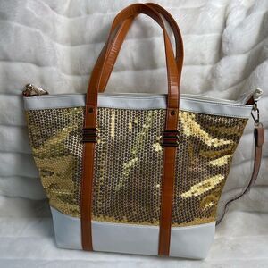 J Francis gold sequins with white and tan faux leather trims tote/shoulder bag.